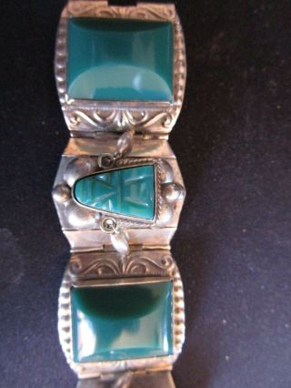 Signed AR Vintage Taxco Mexico 925 Tribal Mask Green Obsidian Link Bracelet 7 