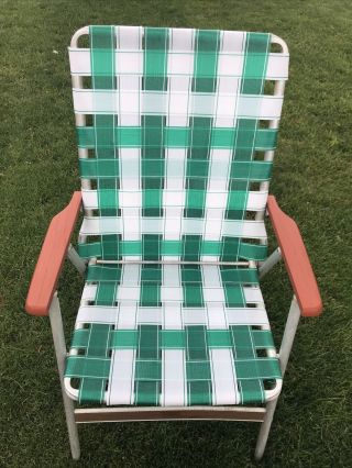 Vintage Aluminum " High Back " Folding Lawn Chair W/ " All Webbing " Wood Arms