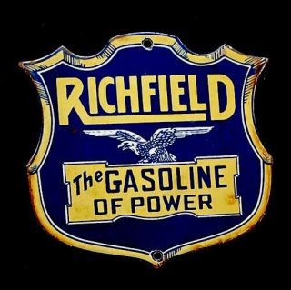 Vintage Richfield Shield Porcelain Sign Car Truck Oil Gas Gasoline Automotive