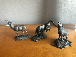 3 Pewter 1975 - 76 R.  Berg Animals Antelope,  Timber Wolf & Mtn Lion Franklin