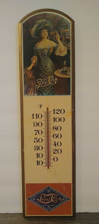 Vintage 1980 Pepsi Cola Wood Advertising Thermometer Lady Taylor Delicious
