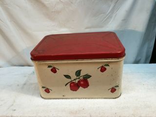 Vintage 1950s Red White Tin Bread Box With Apples Decoware Kitchen Storage Box