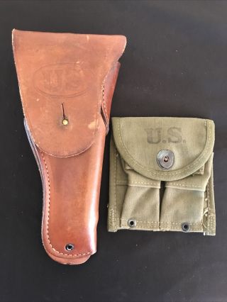 Us Military 45 Acp Leather Holster & Avery Canvas Mag Pouch,  Ww2 Ww 11