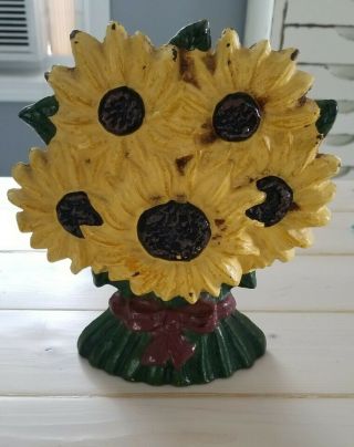 Large Vintage Heavy Cast Iron Sunflowers In Basket Door Stop