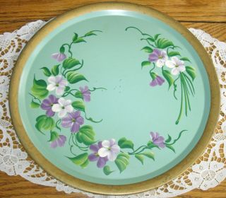Vintage Hand Painted Purple Violets Tin Metal 11 3/8 " Serving Tray
