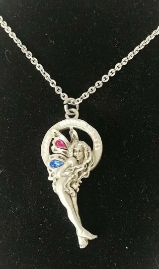 Fantasy/fairies/pixie Pewter Pendant/necklace W/pink/blue Crystals/vintage