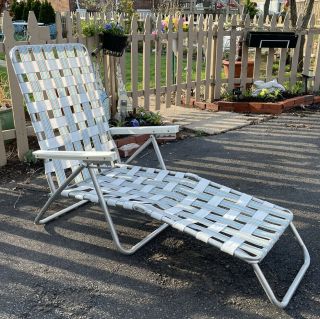 Vintage Webbed Aluminum Folding Chaise Lounge Lawn Chair