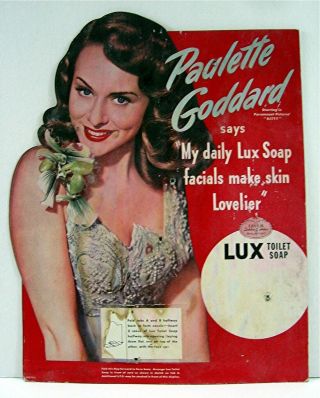 1940s Movie Star Paulette Goddard Lux Soap Adv Cardboard Store Sign Store Stock