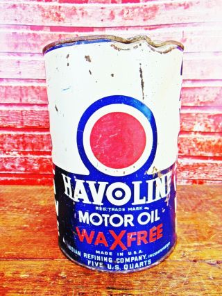 Rare 1930’s Vintage Havoline Motor Oil Wax 5 Quart Metal Oil Can - Empty