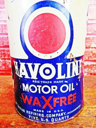 Rare 1930’s Vintage Havoline Motor Oil Wax 5 Quart Metal Oil Can - Empty 2