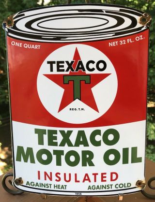 Vintage 1956 Dated Texaco Motor Oil Can Porcelain Gasoline Gas Pump Plate Sign