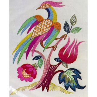 Jacobean Bird Vintage Crewel Embroidery Kit Plumaged Bird Flowers Greenery