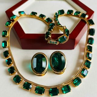 Vintage Jewellery Green Rhinestone Gold Plated Mesh Necklace/clip On Earrings