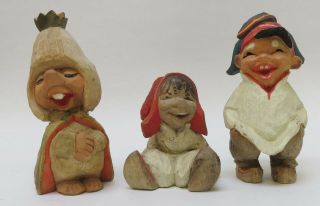 3 Vintage Henning Norway Carved Wood Trolls