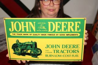 John Deere Two Cylinder Farm Tractors Gas Oil Porcelain Metal Sign