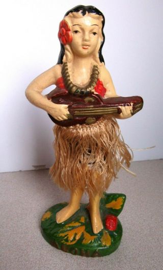 Vintage Chalkware Aloha Hula Girl Nodder Ukulele Bobble Hawaii Tiki