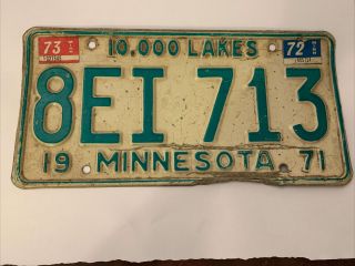 Vintage 1971 Minnesota Mn License Plate.  1972 1973 Stickers.  8ei - 713