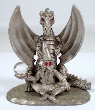 Spoontiques Pewter Winged Dragon & Wizard Crystal Ball Miniature Figurine Mr838