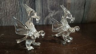 Clear Glass Hand Blown Winged Dragon Figurine X 2