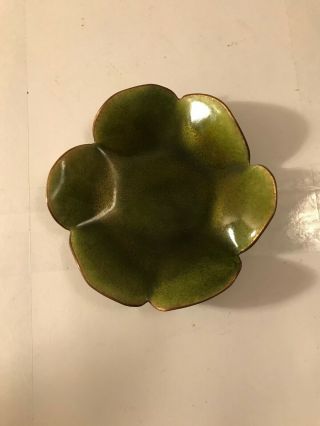 Vintage Mod Mid Century Green Flower Enamel On Copper Dish Signed Leontine