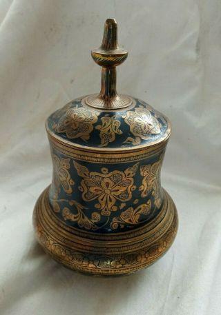 Solid Brass Lidded Vase Hand Etched Black Enamel Vintage Antique Indian India