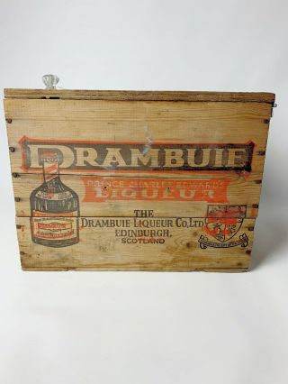 Antique Drambuie Liquor Edinburgh Scotland Wood Wooden Advertising Crate Box
