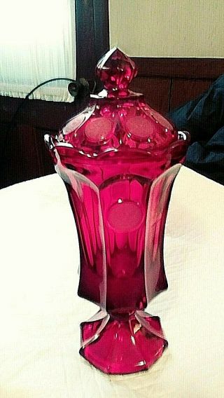 Vintage Fostoria Ruby Red Coin Glass Footed Urn With Cover Apothecary Jar 12 " T
