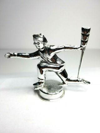 Midcentury Cast Metal Curling Trophy Topper Vintage Man In Motion Broom Silver