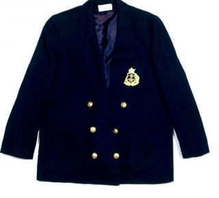 La Bonne Womens 14 L Vintage Wool Blazer Jacket Navy Blue & Gold Buttons Crest