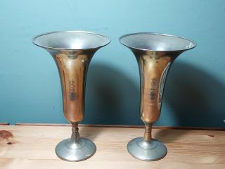 Pair Vintage 8 " Brass Trumpet Flower Vases Vgc