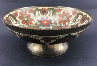 Vintage Cloisonne Embossed Brass Pedestal Bowl