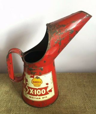 Vintage Shell X - 100 Motor Oil Quart Oll Can Pourer Jug Crown Er Stamped 1965