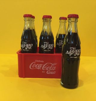 Set Of 6 Miniature 3 " Glass Coca Cola Bottles Red Plastic Crate Soda Pop