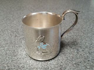 Reed & Barton 873 Silverplate Baby Cup - Rabbit With Blue Enamel Ribbons