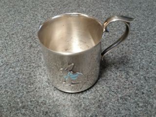Reed & Barton 873 Silverplate Baby Cup - Rabbit With Blue Enamel Ribbons 2