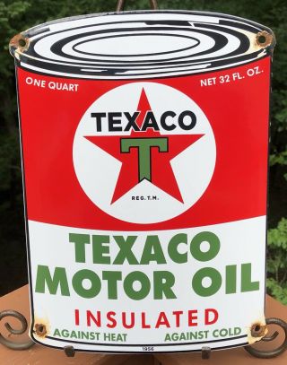 Vintage 1956 Texaco Motor Oil Can Porcelain Gasoline Gas Pump Plate Station Sign