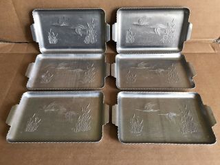 Vintage Set Of 6 Hammered Aluminum Trays Ducks In Flight 7 " X4 "