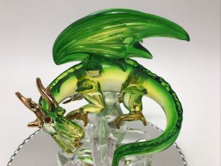 Blown Glass Dragon On Mirror With Crystals Green With One Red Eye
