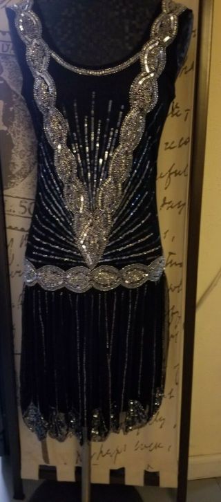 Frock And Frill Vintage 1920s Flapper Gatsby Bead Sequin Dress Sz 10 Black