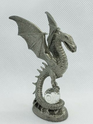 Mythical Pewter Dragon Battle Figurine Protecting Crystal Ball Egg Gallo Pewter 3
