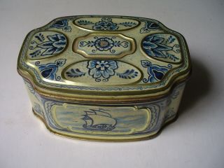 Vintage 5 1/2 " X 4 " Blue & White Tin Box From West Germany Blue Delft Design