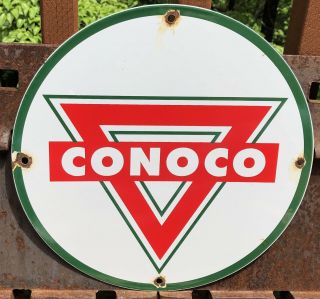 Vintage " Conoco Gasoline " 11 3/4 " Porcelain Metal Oil Gas Pump Plate Sign