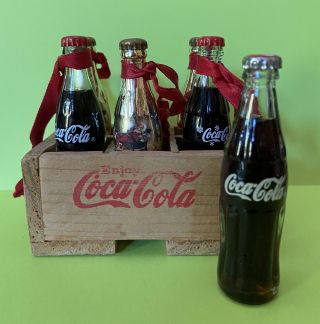 6 Miniature 3 " Glass & Gold Coca Cola Holiday Bottles & Wood Crate Soda Mini