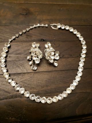 Vtg Eisenberg Clear Round Cut Rhinestone Silver Tone Choker Earrings Necklace