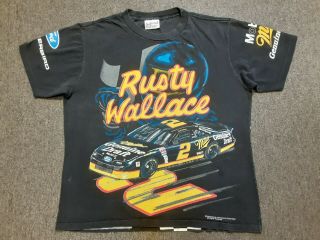 Vtg 90s Nascar 2 Rusty Wallace Miller Racing All Over Print T Shirt Black Large