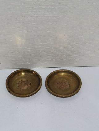 Vintage Pair Brass Trinket Plate With Edward V Halfpenny Inserts (3 " Diameter)