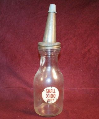 Rare Shell Oil Sae 30 X100 Glass Motor Oil Bottle With Metal Spout/lid - 1920 