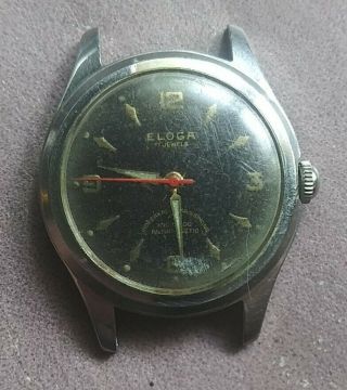 Vintage Eloga 17 Jewels Incabloc Watch Face Black With Red Dial Runs