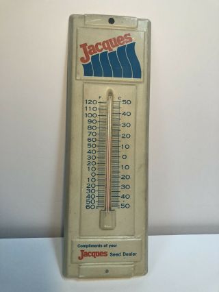 Vintage Jacques Seed Corn Thermometer Metal Sign Advertising Farm Feed 14”x 5”