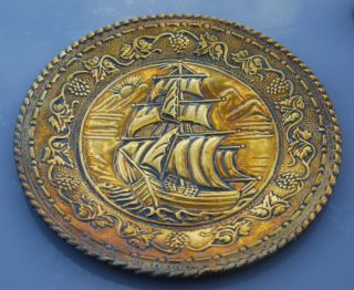 Brass Effect Charger Or Wall Plate With Sailing Ship Galleon Design Tray